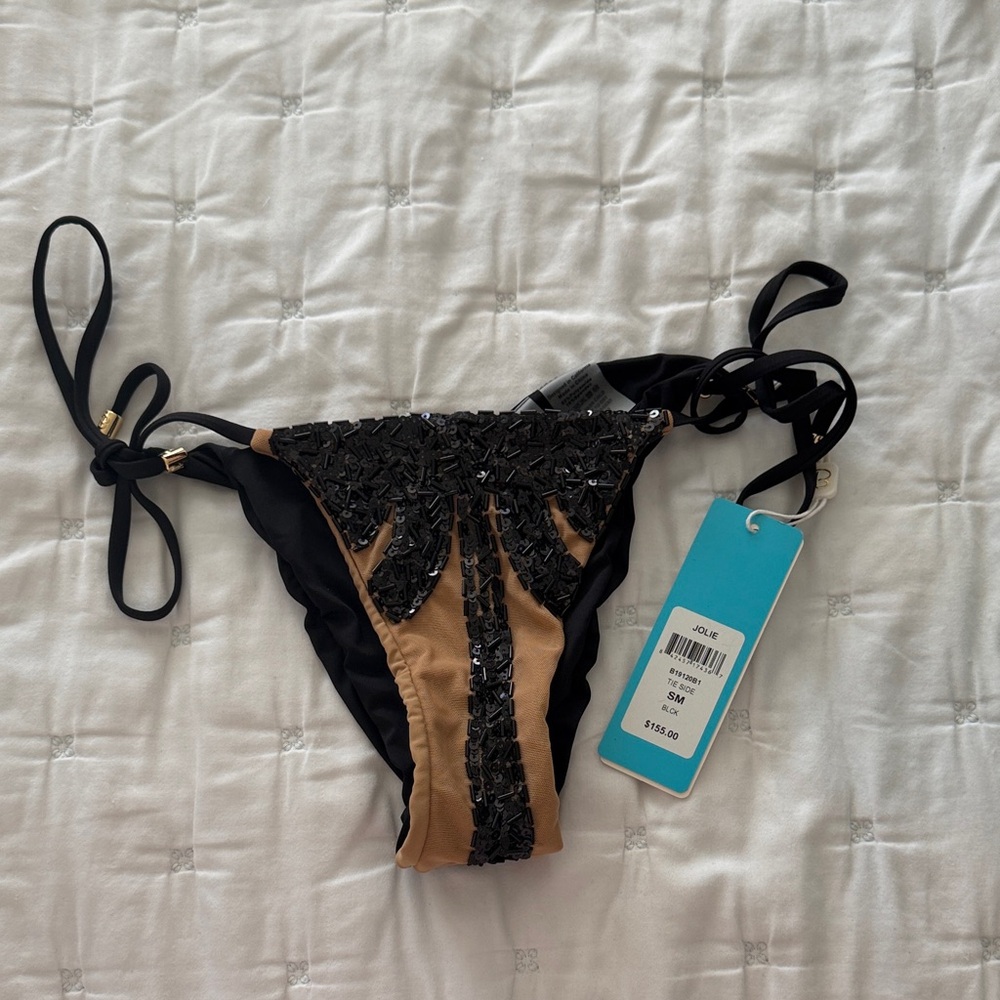 NWT Beach Bunny Jolie Black and Tan Beaded Bikini Bottom size small